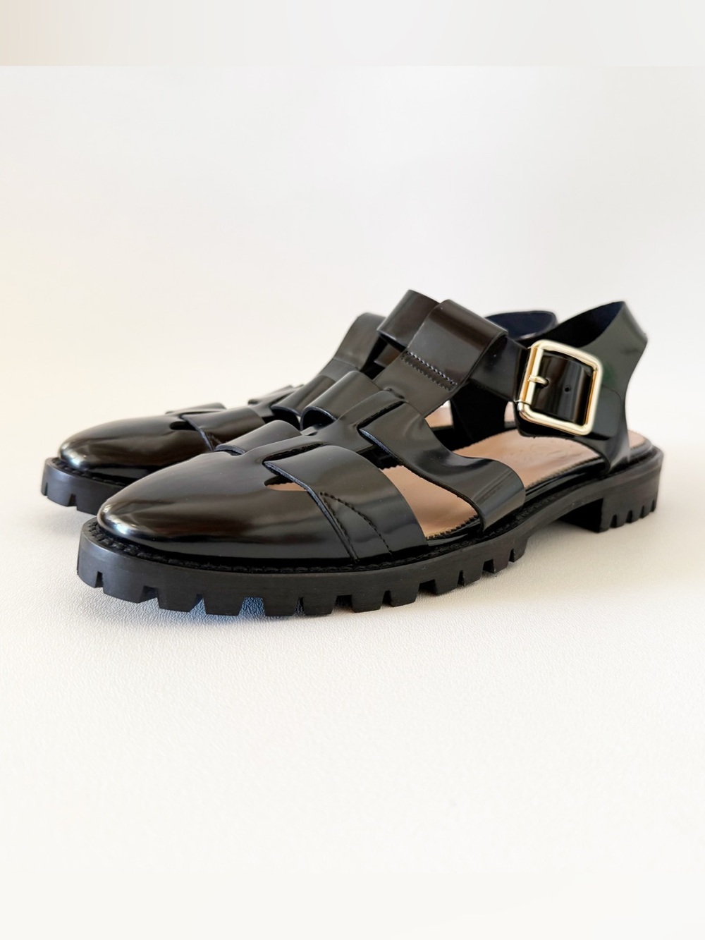 J. Crew Shoes Sandals Fisherman Lacquer leather Buckle Cutout Lug Sole 90’s - Picture 4 of 16